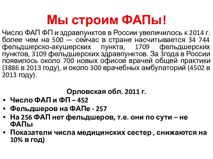 Мы строим ФАПы! Число ФАП ФП и здравпунктов в России увеличилось к 2014