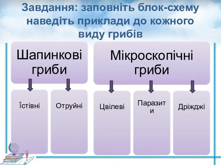 Завдання: заповніть блок-схему наведіть приклади до кожного виду грибів