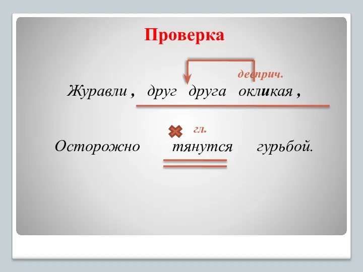 Проверка дееприч. Журавли , друг друга окликая , гл. Осторожно тянутся гурьбой.