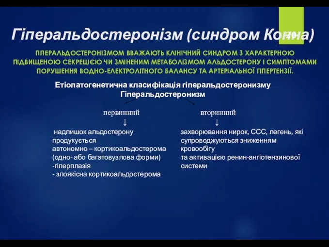 Гіперальдостеронізм (синдром Конна) ГІПЕРАЛЬДОСТЕРОНІЗМОМ ВВАЖАЮТЬ КЛІНІЧНИЙ СИНДРОМ З ХАРАКТЕРНОЮ ПІДВИЩЕНОЮ