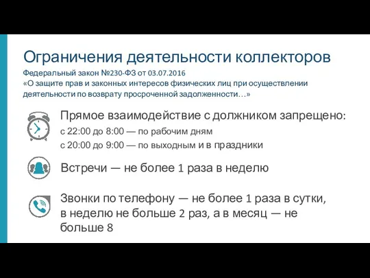 Ограничения деятельности коллекторов Федеральный закон №230-ФЗ от 03.07.2016 «О защите