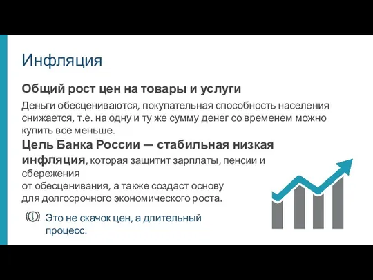 Инфляция Общий рост цен на товары и услуги Деньги обесцениваются,