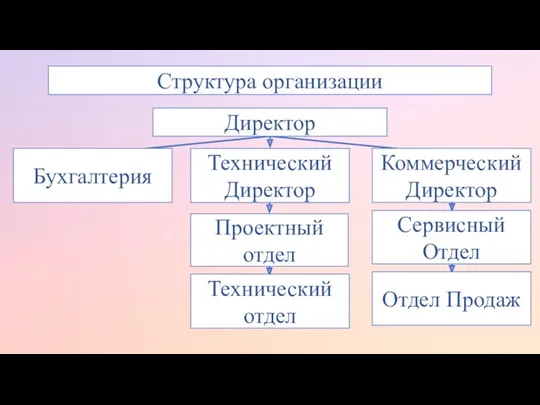 Структура организации Директор Технический Директор Коммерческий Директор Бухгалтерия Проектный отдел Сервисный Отдел Технический отдел Отдел Продаж