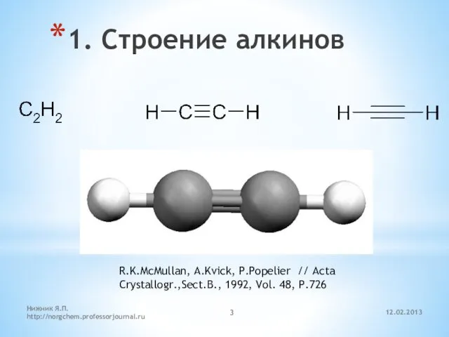 12.02.2013 Нижник Я.П. http://norgchem.professorjournal.ru 1. Строение алкинов R.K.McMullan, A.Kvick, P.Popelier // Acta Crystallogr.,Sect.B.,