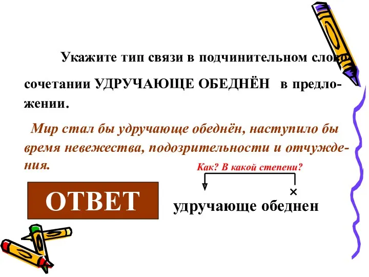 Укажите тип связи в подчинительном слово-сочетании УДРУЧАЮЩЕ ОБЕДНЁН в предло-жении.