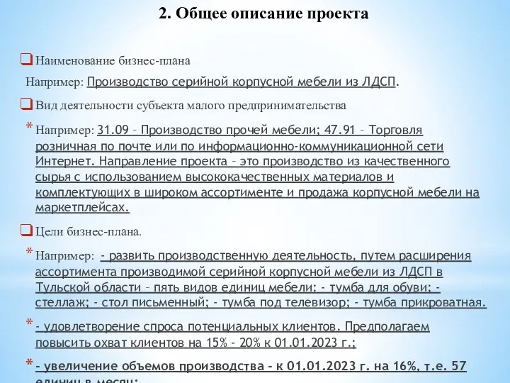 2. Общее описание проекта Наименование бизнес-плана Например: Производство серийной корпусной