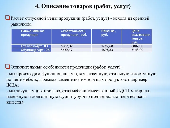 4. Описание товаров (работ, услуг) Расчет отпускной цены продукции (работ,