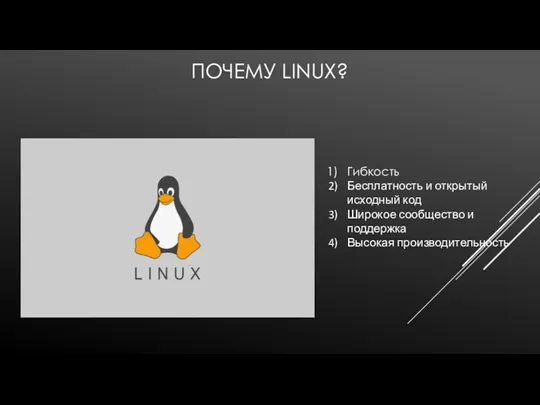 ПОЧЕМУ LINUX? Гибкость Бесплатность и открытый исходный код Широкое сообщество и поддержка Высокая производительность