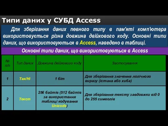 Основні типи даних, що використовуються в Access Для зберігання даних певного типу в