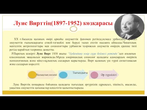 Луис Вирттің(1897-1952) көзқарасы XХ ғ.басында қаланың өмірі арнайы әлеуметтік феномен