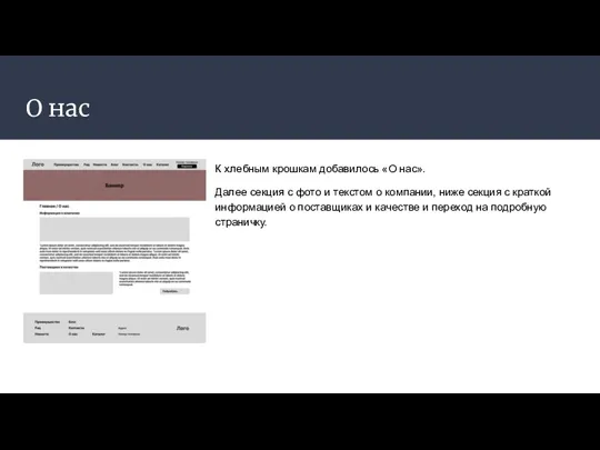 О нас К хлебным крошкам добавилось «О нас». Далее секция с фото и