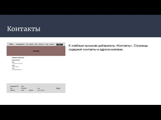 Контакты К хлебным крошкам добавилось «Контакты». Страница содержит контакты и адреса компани.