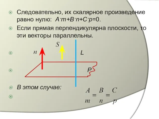 Следовательно, их скалярное произведение равно нулю: A·m+B·n+C·p=0. Если прямая перпендикулярна