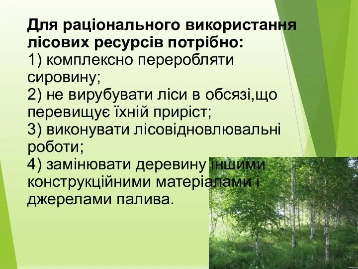 Для раціонального використання лісових ресурсів потрібно: 1) комплексно переробляти сировину; 2) не вирубувати