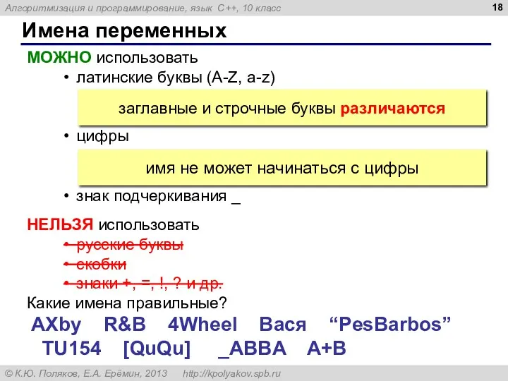 Имена переменных МОЖНО использовать латинские буквы (A-Z, a-z) цифры знак