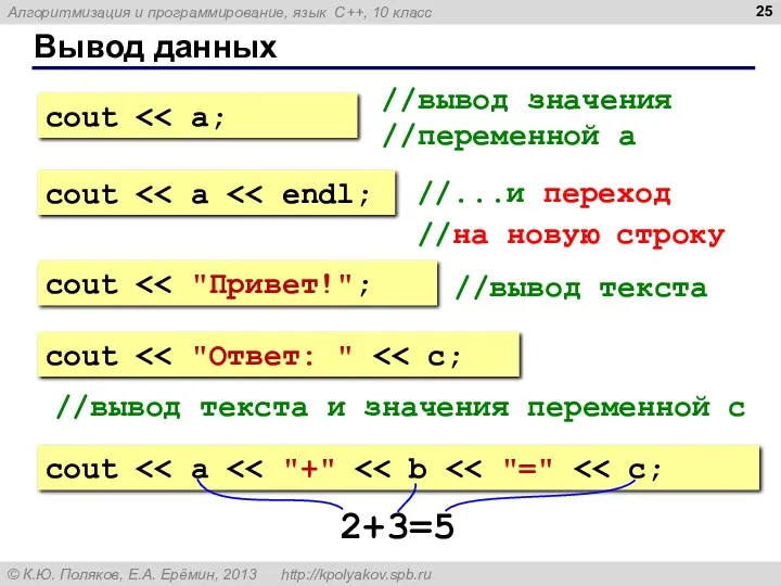 Вывод данных //вывод значения //переменной a //...и переход //на новую