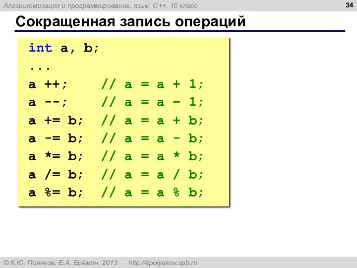 Сокращенная запись операций int a, b; ... a ++; //