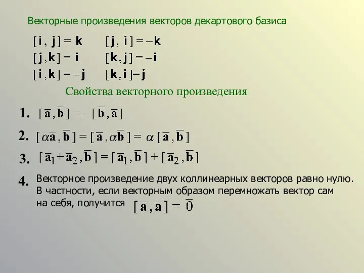 Свойства векторного произведения 4. 1. 2. 3. Векторные произведения векторов декартового базиса Векторное