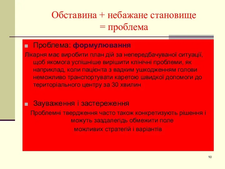 Обставина + небажане становище = проблема Проблема: формулювання Лікарня має