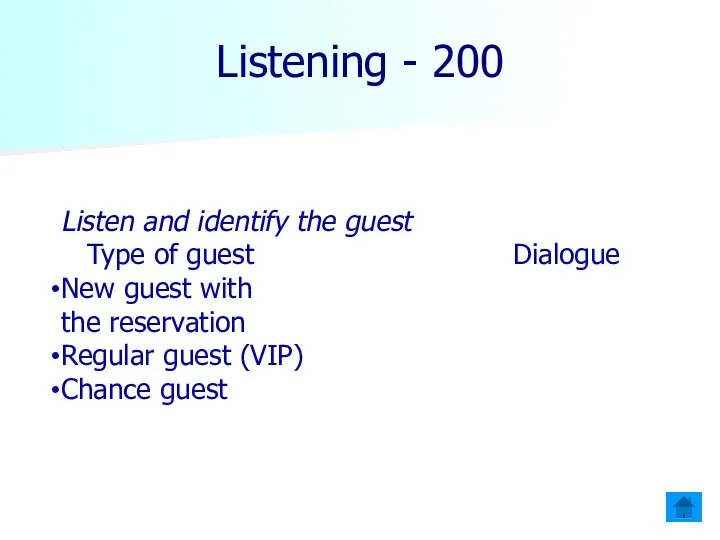 Listening - 200 Listen and identify the guest Type of