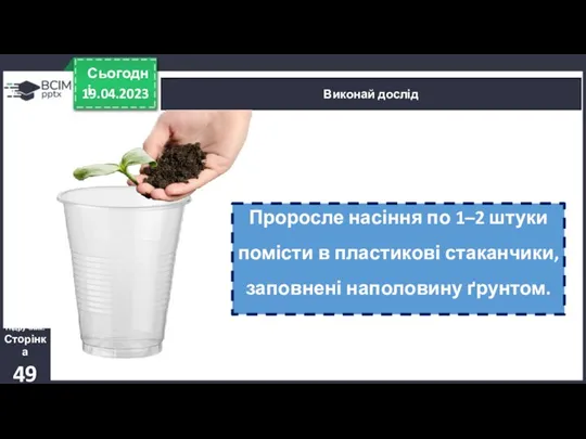 19.04.2023 Сьогодні Виконай дослід Підручник. Сторінка 49 Проросле насіння по 1–2 штуки помісти