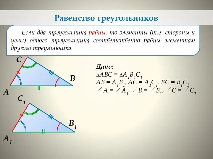 Если два треугольника равны, то элементы (т.е. стороны и углы)