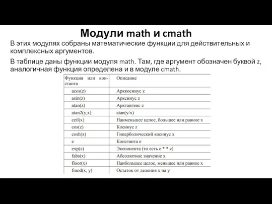 Модули math и cmath В этих модулях собраны математические функции