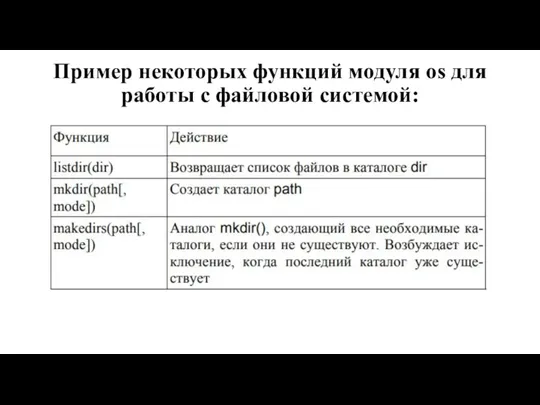 Пример некоторых функций модуля os для работы с файловой системой: