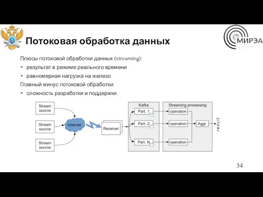 Потоковая обработка данных Плюсы потоковой обработки данных (streaming): результат в