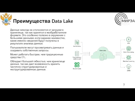 Преимущества Data Lake Данные никогда не отклоняются от загрузки в