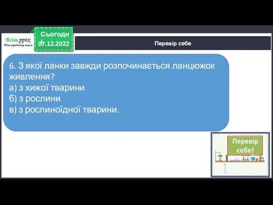 07.12.2022 Сьогодні Перевір себе 6. З якої ланки завжди розпочинається