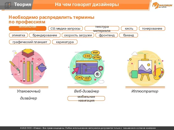 На чем говорят дизайнеры Упаковочный дизайнер Веб-дизайнер Иллюстратор Необходимо распределить