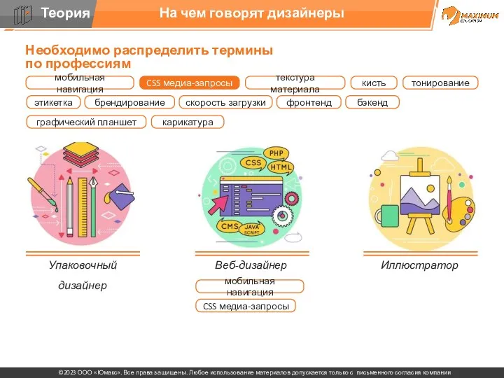 На чем говорят дизайнеры Упаковочный дизайнер Веб-дизайнер Иллюстратор Необходимо распределить