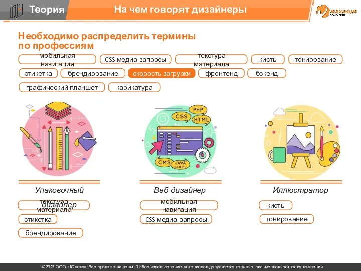 На чем говорят дизайнеры Упаковочный дизайнер Веб-дизайнер Иллюстратор Необходимо распределить