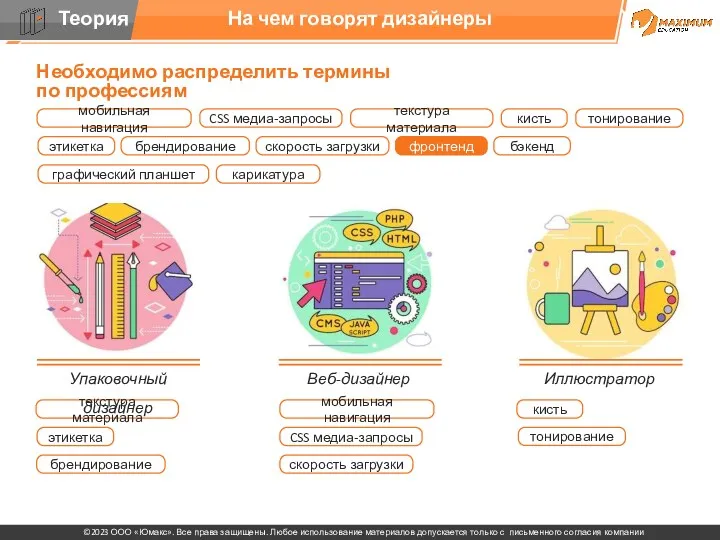 На чем говорят дизайнеры Упаковочный дизайнер Веб-дизайнер Иллюстратор Необходимо распределить