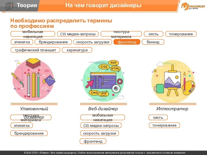 На чем говорят дизайнеры Упаковочный дизайнер Веб-дизайнер Иллюстратор Необходимо распределить