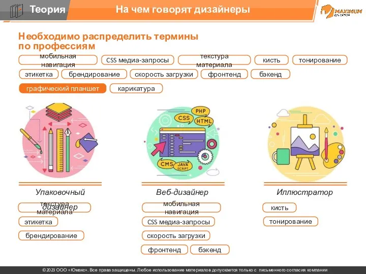 На чем говорят дизайнеры Упаковочный дизайнер Веб-дизайнер Иллюстратор Необходимо распределить