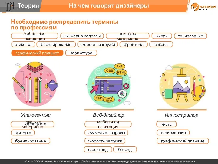 На чем говорят дизайнеры Упаковочный дизайнер Веб-дизайнер Иллюстратор Необходимо распределить