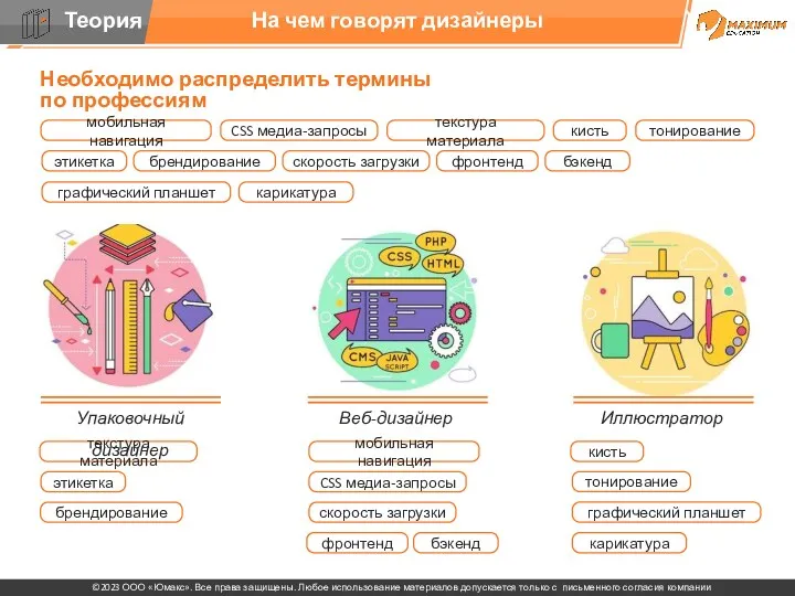 На чем говорят дизайнеры Упаковочный дизайнер Веб-дизайнер Иллюстратор Необходимо распределить