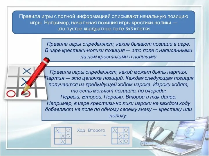 Правила игры с полной информацией описывают начальную позицию игры. Например,