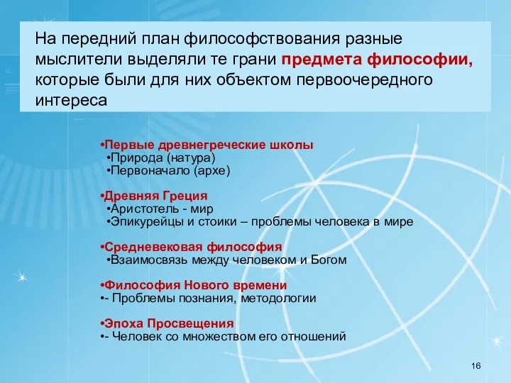 На передний план философствования разные мыслители выделяли те грани предмета