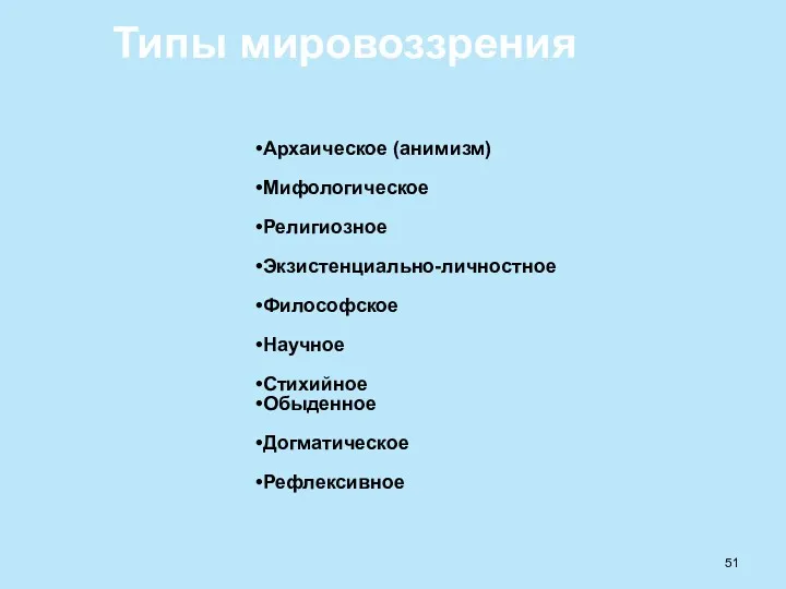 Типы мировоззрения Архаическое (анимизм) Мифологическое Религиозное Экзистенциально-личностное Философское Научное Стихийное Обыденное Догматическое Рефлексивное