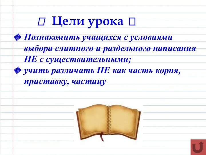 ? Цели урока ? Познакомить учащихся с условиями выбора слитного