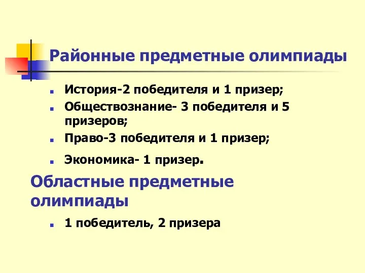 Районные предметные олимпиады История-2 победителя и 1 призер; Обществознание- 3 победителя и 5