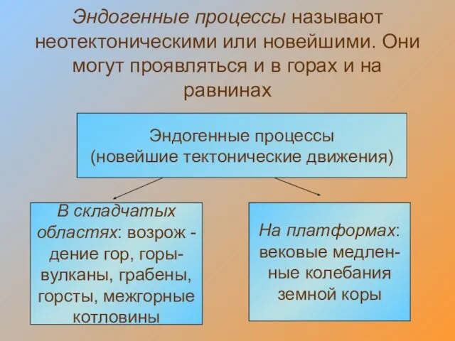 Эндогенные процессы называют неотектоническими или новейшими. Они могут проявляться и в горах и