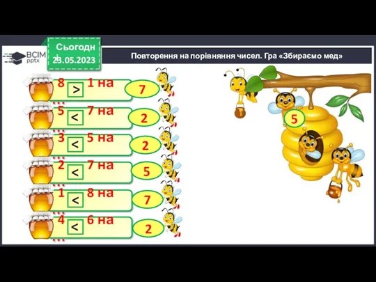 23.05.2023 Сьогодні 8 1 на … 5 7 Повторення на порівняння чисел. Гра