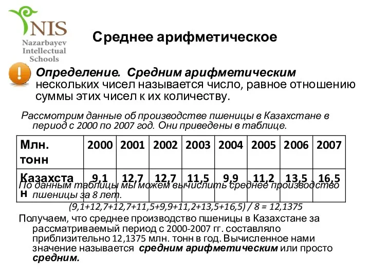 Среднее арифметическое Определение. Средним арифметическим нескольких чисел называется число, равное