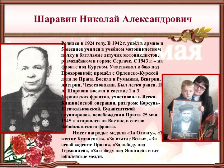 Шаравин Николай Александрович Родился в 1924 году. В 1942 г. ушёл в армию