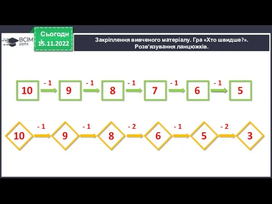 15.11.2022 Сьогодні Закріплення вивченого матеріалу. Гра «Хто швидше?». Розв'язування ланцюжків. 10 5 6