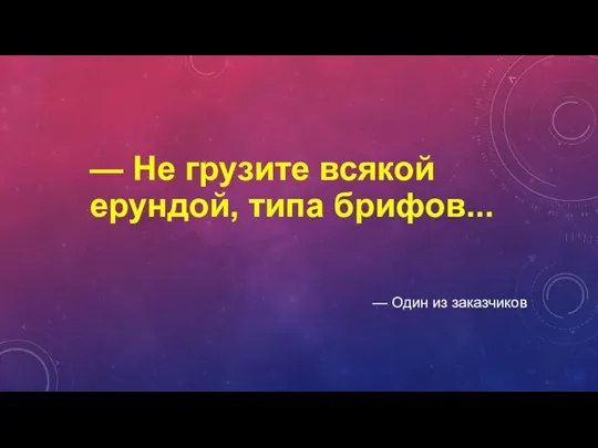 — Не грузите всякой ерундой, типа брифов... — Один из заказчиков